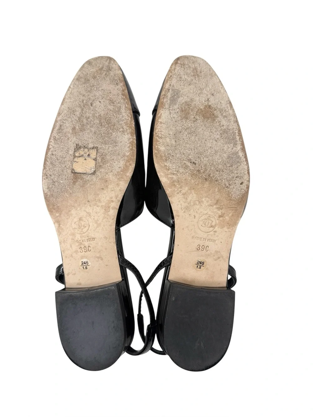 Chanel CC Black Patent Leather Cap Toe Slingback Flats Size 39C